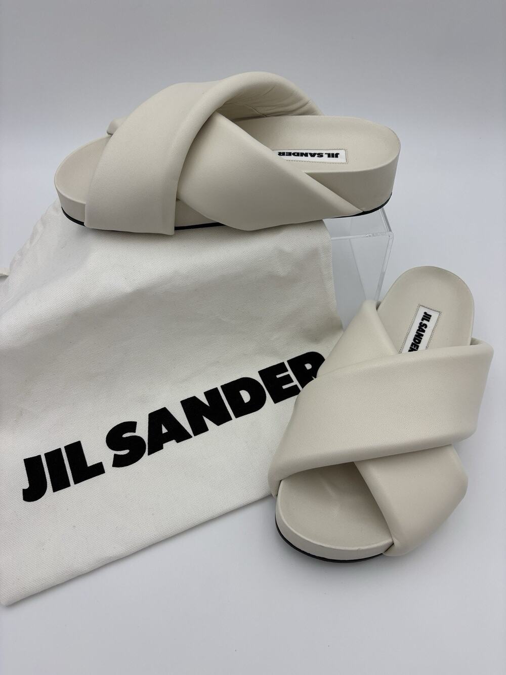 Jil Sander Padded Slides White Leather Size 38 / 8 Arch Support Puffy Pillow